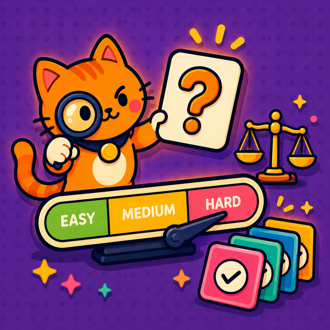 An arcade cat judge inspecting a question card with a magnifying glass beside a difficulty gauge.