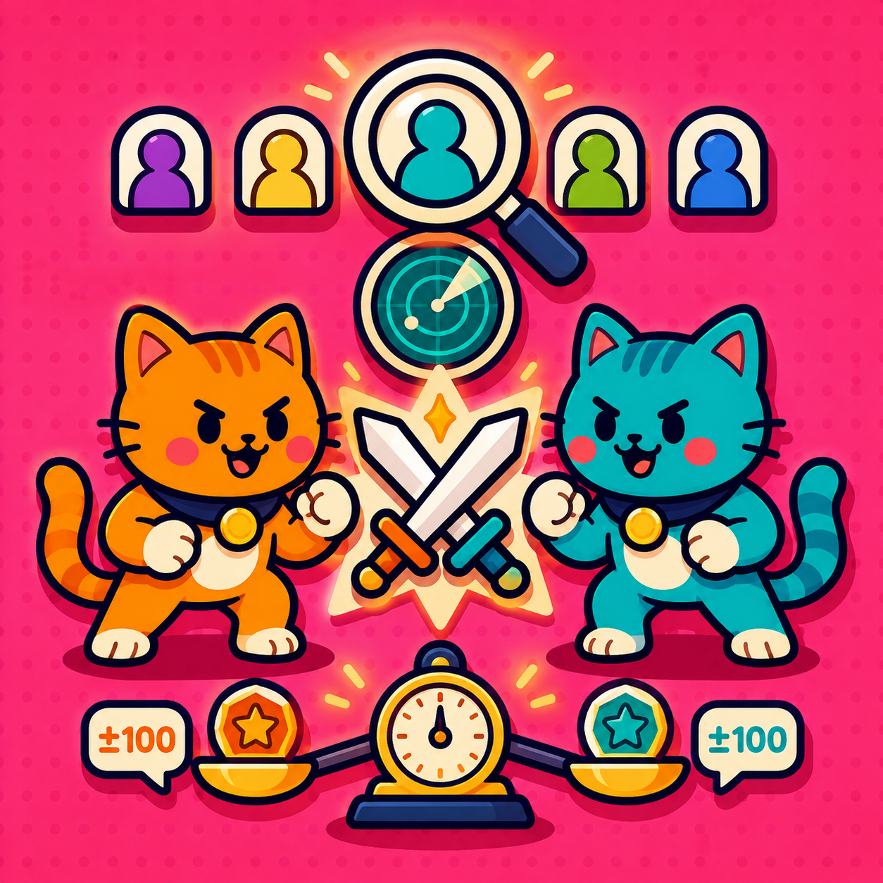 Two arcade cats face off as evenly matched opponents while a magnifying glass picks from waiting players.