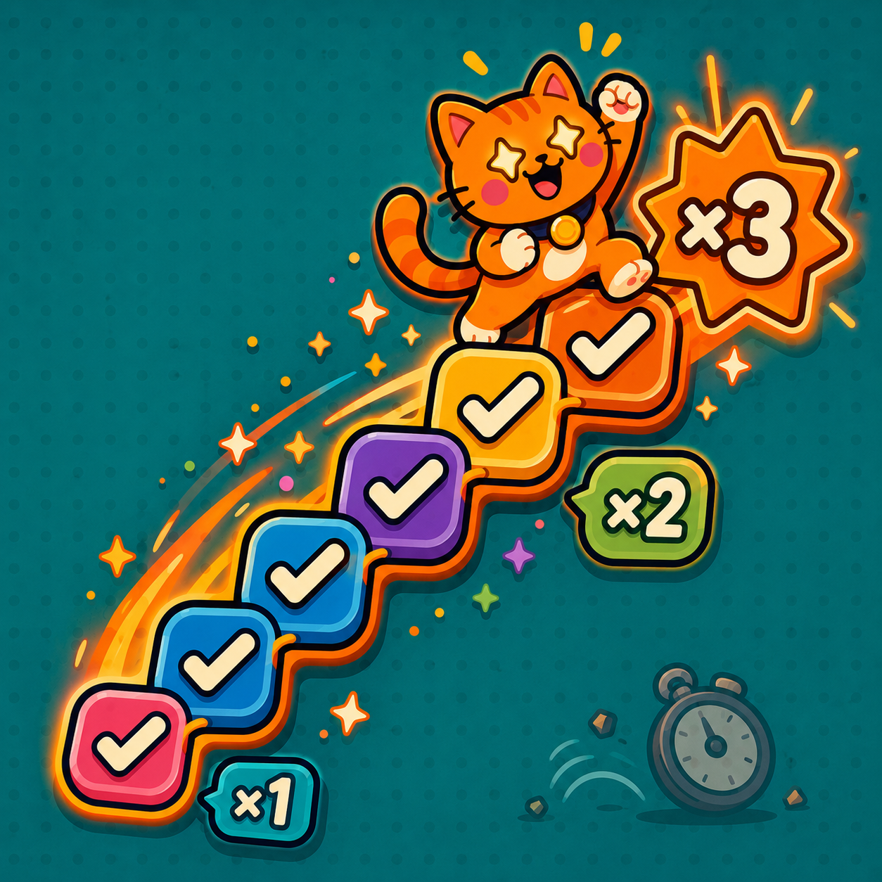 An arcade cat riding a climbing chain of correct-answer tiles that grow taller as the streak builds, with a stopwatch tumbling away.