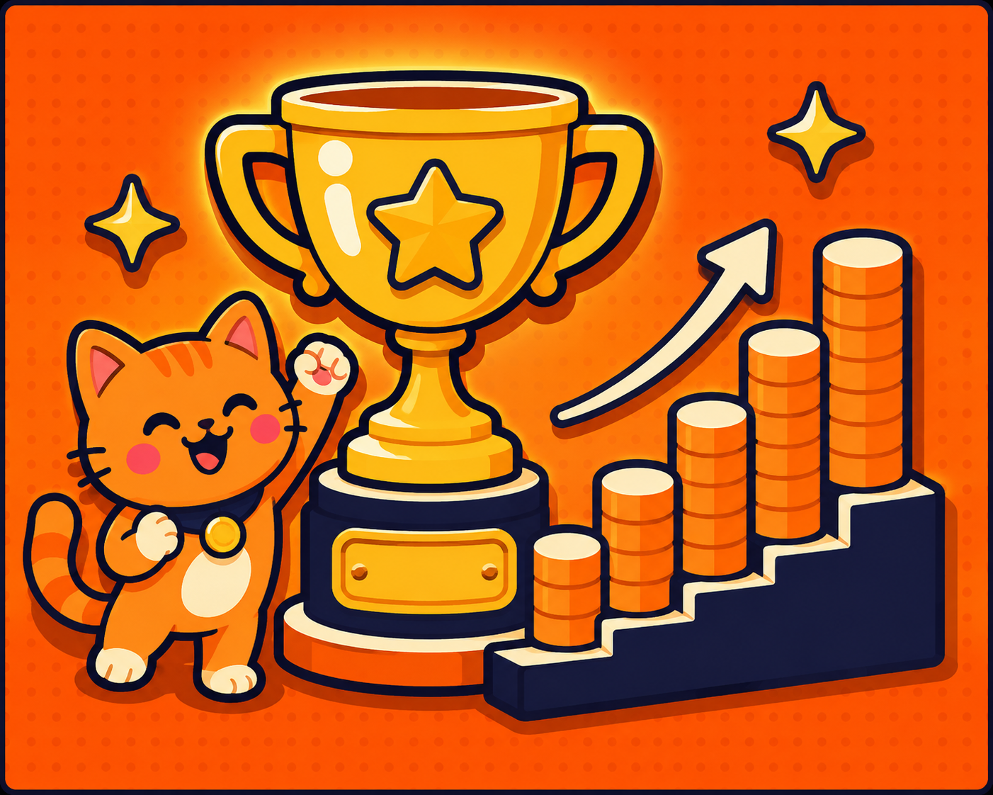 A cheering arcade cat beside a gold trophy and a rising staircase of coin stacks.